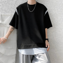 Hearujoy Fake Two Piece Striped Patchwork T-shirts Loose Mens Streetwear Casual  T Shirt 2024 Summer Short Sleeves Tshirt Tee Tops