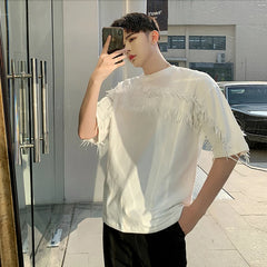 Hearujoy South Korea Street Dress Round neck pullover Short-sleeved T-shirt Men's summer tassel loose casual five-point T-shirt