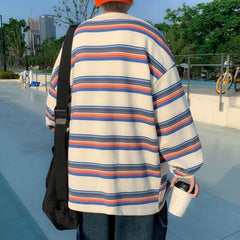 HEARUJOY - Handsome Trendy Rainbow Striped Long Sleeve T shirt Spring Autumn Casual Top New Men Hong Kong Style Ins Fashion