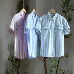 HEARUJOY - Man Shirt Short Sleeve Green Striped with Pocket Fashion 2025 Korean Style Slim Fit Sleeves Original Silk Collar Shirts for Men