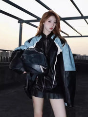 HEARUJOY - Men's Motorcycle Leather Jacket Color Block Racing PU Leather Coat Women Spring New Zip Up Stand Collar Hip Hop Street Outwear
