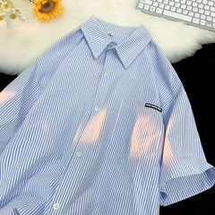 HEARUJOY - Japanese Striped Fashionable Short-sleeved Shirt Men Summer Thin Fashion Loose and Versatile Student Casual Shirt Aesthetic