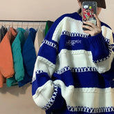 Hearujoy Patchwork Striped Men's Knitted Sweater Blue Pullovers Punk Black Sweaters Male Oversize Korean Streetwear Hip Hop