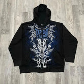 Hearujoy Punk Goth Oversized Print Hoodies Women Men Streetwear Zip Up Hoodie Y2k Long Sleeve Hooded Sweatshirt Loose Retro Coats Tops