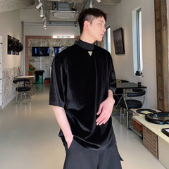 Hearujoy Turtleneck Collar Velvet T-shirt Korean Loose casual Streetwear Tops Men Clothing Summer Black harajuku Short Sleeve Stand
