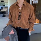 Hearujoy Mens Japanese Corduroy Long-Sleeve Shirt 2024 New Genderless Fashion Youth Trend Retro Loose Solid Color Simple Shirt Unisex