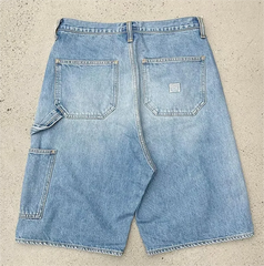HEARUJOY - American street rhinestone retro pocket washed wide-leg denim shorts summer y2k Harajuku high-waist straight knee-length shorts