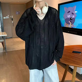HEARUJOY - Men V-neck Long Sleeve Knit Shirts Loose Elastic Hollow knit Sweater T-shirt Slightly Transparent Knitted Sweaters Streetwear