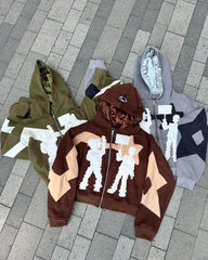 HEARUJOY - Y2K trendy classic street letter splicing personalized hooded jacket for men and women retro hip-hop goth washed cool zipper top