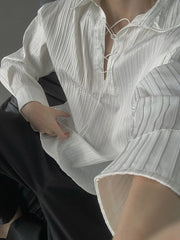 HEARUJOY - Vintage Drawstring Lace-up Lapel Shirt Mens Spring Autumn Fashion Long Sleeve Ribbed Polo Shirts Casual Textured Pullover Tops