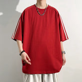 HEARUJOY - Summer Casual Striped Short Sleeved T-shirt Men's Fashion Oversized Patchwork Tshirts Solid Loose Half Sleeve Hip Hop Tee Top