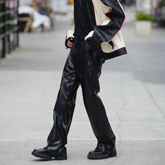 Hearujoy Autumn Winter Men's Leather Motorcycle Pants Black Punk PU Pants Men Women Straight Mopping Trousers Streetwear Waterproof