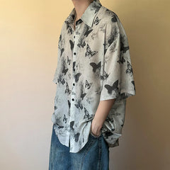 HEARUJOY - Nichre Design Men's Shirts Turn-down Collar Butterfly Printing Contrast Color Short Sleeved Single Breasted Stylish