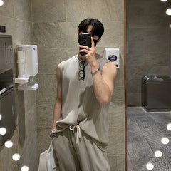 Hearujoy 2024 Fashion Men Tank Tops Tshirt Sets Tracksuit Sportswear Solid Stripe Drape Vest+Trousers 2 Piece Streetwear Suit Male