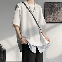 Hearujoy Fake Two Piece Striped Patchwork T-shirts Loose Mens Streetwear Casual  T Shirt 2024 Summer Short Sleeves Tshirt Tee Tops