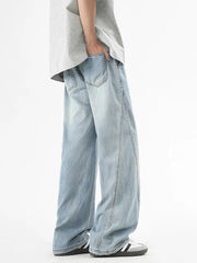 HEARUJOY - Summer Men's Lightweight Jeans Korean Fashion Breathable Cotton Drawstring Wide-Leg Baggy Denim Pants Straight Jean Trousers