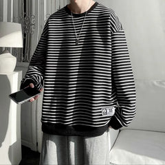 Hearujoy Long Sleeved T-shirt Men's Hong Kong Style Trend Ins Loose T-shirt Striped Sweatshirt Base Shirt Men's Top Coat