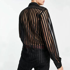 Hearujoy Mens See-Through Sexy Shirt Genderless Nightclub Print Loose Casual Striped Mesh Fashion Trendy Long-Sleeved Shirt Unisex