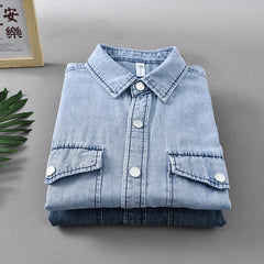 HEARUJOY - Men's Vintage Washed Denim Shirt Jacket 100% Cotton Chest Pocket Distressed Workwear Long Sleeve Casual Shirt for Spring Summer