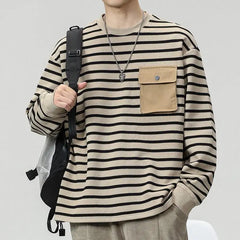 Hearujoy Men's Striped Long Sleeved T-shirt Men's Trendy T-shirt Men's Hoodie Men's Base Shirt Top