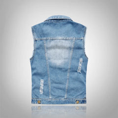 HEARUJOY - Men's Big Size New Slim-fit Denim Vest Vest with Ripped Lapel Single Breasted Denim Vest Coat