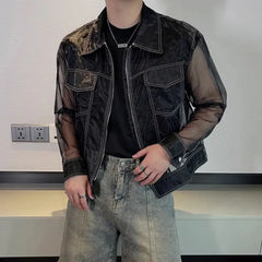 Hearujoy Summer Trendy Men Transparent Sunscreen Jacket Fashion Sexy Mesh Long Sleeve Lapel Top Solid Streetwear Zipper Coat LGBT Clothes