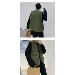 HEARUJOY - Pure Color V Neck Multi Pocket Utility Vest Men Trendy High Street Sporty Unisex Loose Sleeveless Jacket Functional Casual