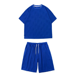 HEARUJOY - Summer Set Men Fashion Casual Shorts Short Sleeved T-shirt Sets Men Streetwear Hip-hop Loose Ice Silk Set Mens Pleated Set