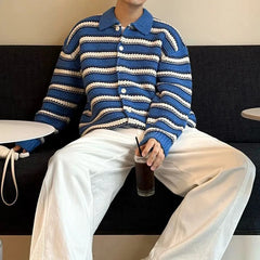 HEARUJOY - Vintage Striped Crochet Mens Sweater Jackets Casual Button-up Turn-down Collar Knit Cardigans Men Spring Autumn Fashion Sweaters