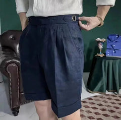 HEARUJOY - Summer British Style Men Naples Cotton Linen Shorts Paris Waist Buckle Knee Solid Breathable High Quality Casual Loose Shorts