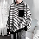 HEARUJOY - Men Trendy Striped Patchwork Streetwear Y2K Oversize Basic T-shirt Japanese Style Round Neck Long Sleeve Cotton Tops Ropa Hombre