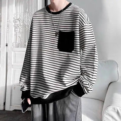 HEARUJOY - Men Trendy Striped Patchwork Streetwear Y2K Oversize Basic T-shirt Japanese Style Round Neck Long Sleeve Cotton Tops Ropa Hombre