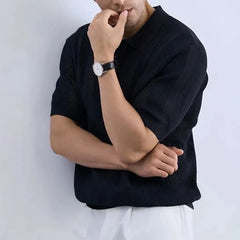 HEARUJOY - Men's Solid Color Striped Knitted Short-Sleeved Polo Shirt Retro Fashion Trend Casual Simple Loose Breathable Summer Men's Tops