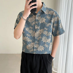 HEARUJOY - Loose Maple Leaf Flower Shirt Men's Short-sleeved Mature Style Casual Five-point Sleeves