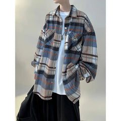 HEARUJOY - Trendy Blue Plaid Work Coat-like Brushed Shirt Jacket