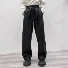 Hearujoy Casual Drawstring PU Leather Long Pants Men Trousers Spring Fall Loose Y2k Elastic Waist Straight Wide Leg Faux Leather Pants