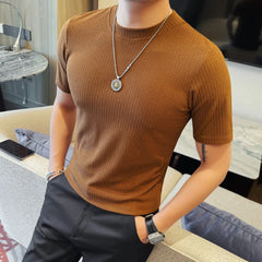 HEARUJOY - Men's Slim Stretch O-Neck Tee Trio | Breathable Knit T-Shirts in Black, White & Camel Fashion Men's Everyday Joker Top