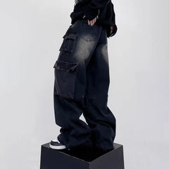 Hearujoy Summer American Street Fashion Design Wide Leg Workwear Pants Unisex High Quality Loose Straight Washed Vintage Style Jeans
