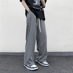 Hearujoy Summer/Autumn Plaid Pants Men Loose Casual Straight Trousers for Male/Female Harajuku Hip-hop Streetwear Wide-leg Mopping Pants