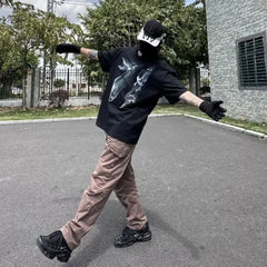 Hearujoy American Street Pure Cotton Abstract Graffiti Print Summer New Fashion Casual Short-Sleeved T-Shirt Mens Trendy Loose Top