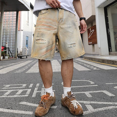 HEARUJOY - Yellow mud-dyed, washed and worn-out holes straight denim cropped pants. Retro men's summer straight thin shorts are fashionable