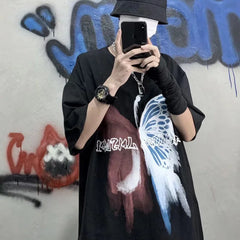 Hearujoy Men's T-Shirts Summer New Hip Hop Butterfly Graffiti Print Loose Short Sleeved Top Fashion Casual Couple Oversized Male Clothes