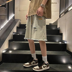 HEARUJOY - Men's New Style Spliced button Zipper Pockets Fashionable Loose Versatile Casual Denim Shorts