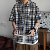 HEARUJOY - New Men's Color-blocking Retro Plaid Shirt Lapel Teenager