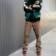 Hearujoy Streetwear Graffiti Cargo Flared Jeans Khaki Black Splash Ink Wide Leg Denim Pant Hip Hop Cargo Trousers Jean Men