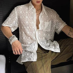 HEARUJOY - Mens Shirt Lace See-Through Transparent Geometric Shirt Summer Beach Vacation Hawaiian Slim Short Sleeve Top Men'S Clothing