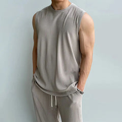 Hearujoy 2024 Summer Casual Suit Pleated Sleeveless Tank Tops Trousers Men's Sports Clothing Wrinkled Solid Vest Long Pants Two-Piece Set