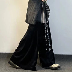 Hearujoy New Chinese Calligraphy Printed Corduroy Wide Leg Pants Men Trendy Brand Drape Straight Pants Man Original Retro Casual Trousers