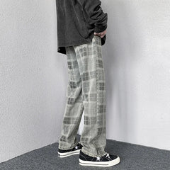 Hearujoy Plaid Jeans Denim Pants Men Korean Wide Leg Checked Trousers Male Distressed Streetwear Bottoms Harajuku Vintage