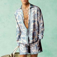 HEARUJOY - 3D Leopardl Print Men Beach Suits Long Sleeve Lapel Shirts And Shorts Two Piece Set Fashion Hawaiian Casual Loose Outfits